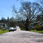 Brick covered Hallock Street in the historic centre of Jamestown, New York (USA) 