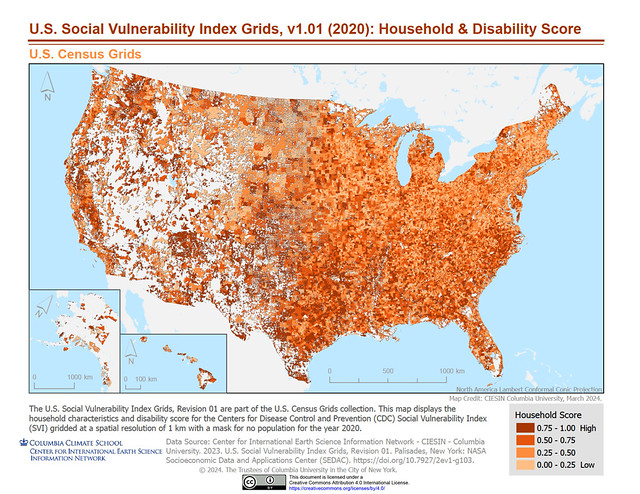 U.S. Social Vulnerability Index Grids, v1.01 (2020): Household & Disability Score