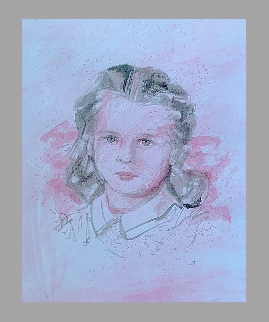 First session, my version of a study in watercolour of my eldest sister, painted in 1948. To be continued tomorrow.