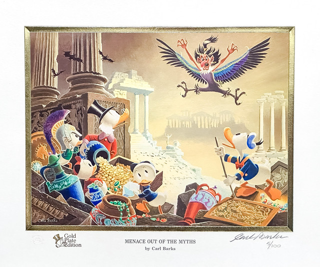 “Menace out of the Myths” by Carl Barks. Signed, limited edition print published by Another Rainbow for the Walt Disney Co. (1980s).