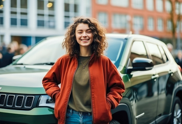 A happy teenage female standing beside new car, expressing pride and satisfaction in her achievement of obtaining a driver license and new car, symbolizing freedom and independence