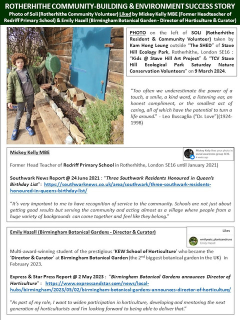 ROTHERHITHE COMMUNITY-BUILDING & ENVIRONMENT SUCCESS STORY :  Photo of Soli (Rotherhithe Community Volunteer) at Stave Hill Ecological Park @ 9 March 2024 “LIKED” by two undisputable ‘Movers & Shakers’