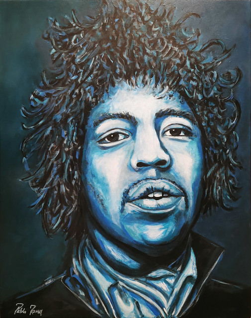 Jimi Hendrix cantante solista pintura de Pablo Roma exposicion en Ambito Cultural del El Corte Ingles Las Palmas de Gran Canaria