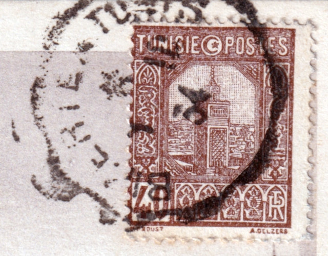 Timbre Tunisie, Grande Mosquée de Tunis, brun, 1926 - Oblitéré le 7 octobre 1934 par timbre à date convoyeurs-ligne Bizerte à Tunis