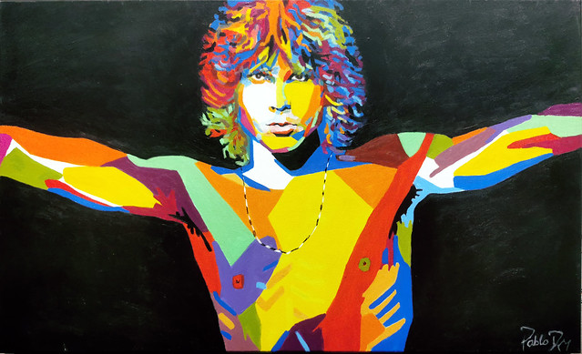 Jim Morrison cantante de The Doors grupo musical pintura de Pablo Roma exposicion en Ambito Cultural del El Corte Ingles Las Palmas de Gran Canaria