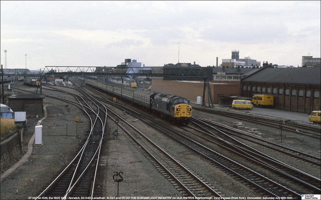 37 087 on 1G19, 50 040 'Leviathan', 31 227, and 55017 'The Durham Light Infantry' on 1A31, Doncaster, July 18th 1981