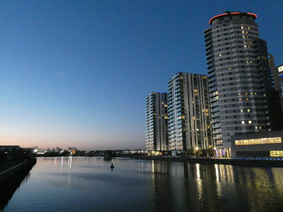 Canal and buildings in Salford at sunset