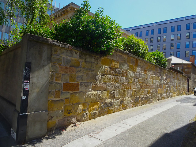 Hobart. Macquaire Street. Old stone wall along a lane off Macquarie Street.