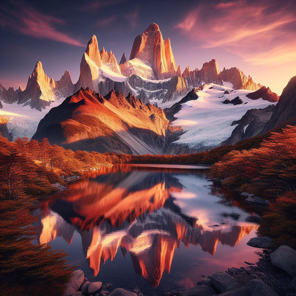 AI generated images of Fitz Roy in the Andes of W. Argentina Argentina