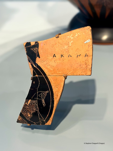 Fragment of a terracotta storage jar featuring the warrior Akamas, son of Theseus