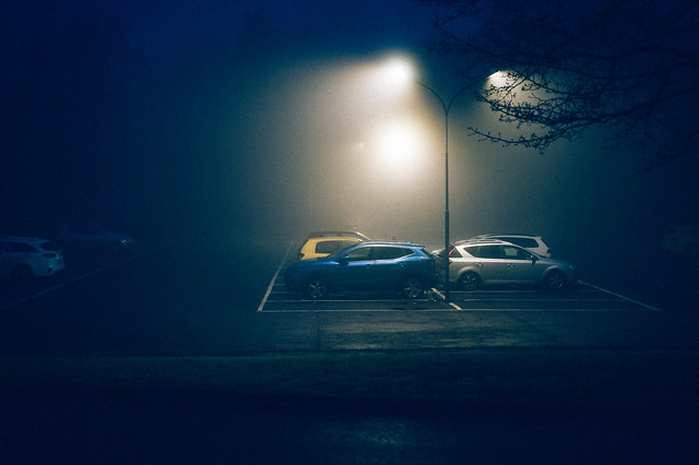 The foggy parkinglot.
