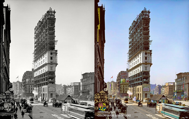 Edificio One Times Square en construcción, Nueva York 1903 / One Times Square Building under construction, New York City 1903.
