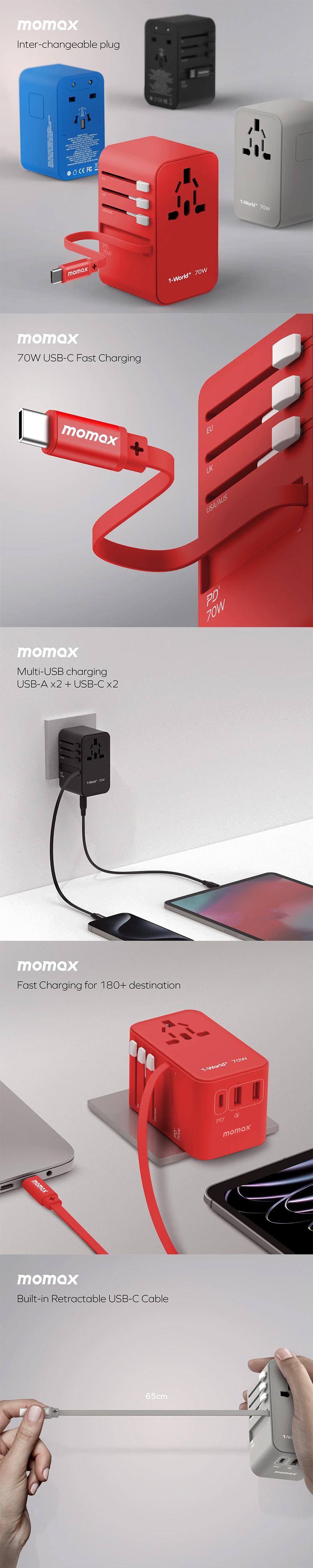 Momax 1-World+ 70W GaN 3插口及內置伸縮USB-C充電線旅行插座 