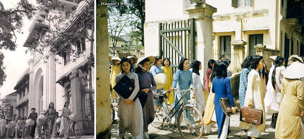 HANOI 1952 - Nữ SV Đại học Đông Dương nghỉ trưa xách cặp và đắt xe đạp rời trường