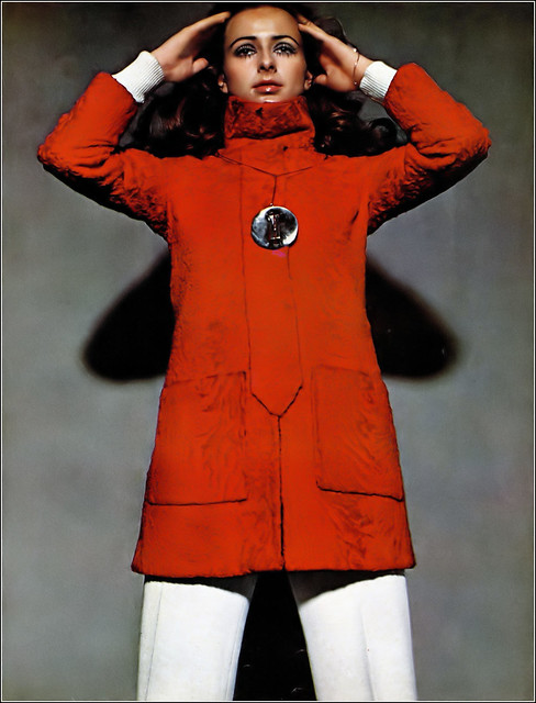 Agneta Darin in red-dyed broadtail lamb tunic with spring-like pockets and walking slit by Mr. Fred for Fur & Sport, photo by Silano, Harper's Bazaar, March 1969