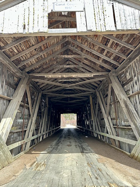 Interior of Canal Covered Bridge in St. George, New Brunswick. Spanning Canal Stream. Built in 1917 using the Howe and Queenpost Truss systems.