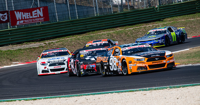 Vallelunga, Rome, Italy, 12 september 2020. American festival of Rome. Group of Nascar cars challenging overtaking during Nascar Euro championship race