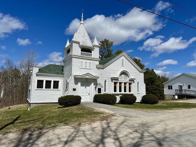 Jonesboro Union Church. Looks Point Road. Jonesboro, Maine. Built in 1841 and restyled in 1911 using the Late Gothic Revival and Tudor Revival Styles. NRHP designated in 2002.