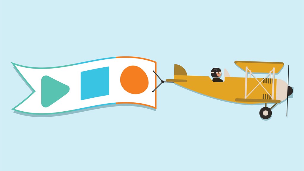 A cartoon of an old-style plane pulling a banner that includes the shapes that represent Discover, Focus and Act