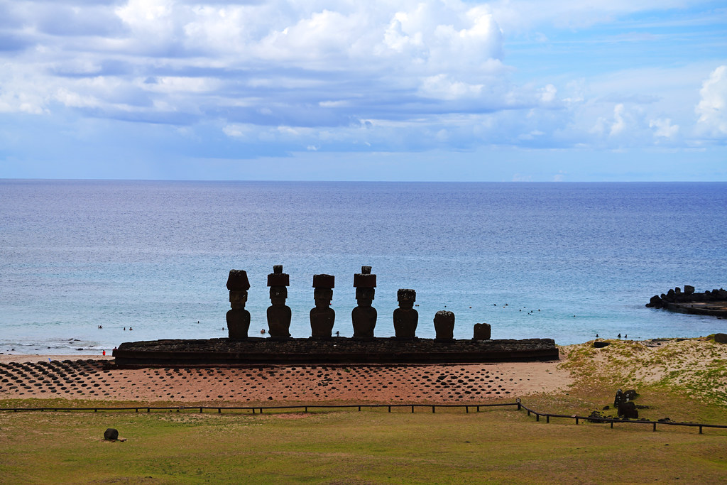 Moai's silhouettes before the oceanfront, Ahu Nau Nau, Easter Island