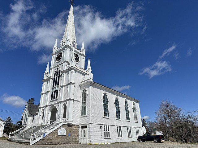 Centre Street Congregational Church. 9 Centre Street. Machias, Maine. Built in 1836-37 using the Gothic Revival Style. Added to the National Register of Historic Places in 1975.