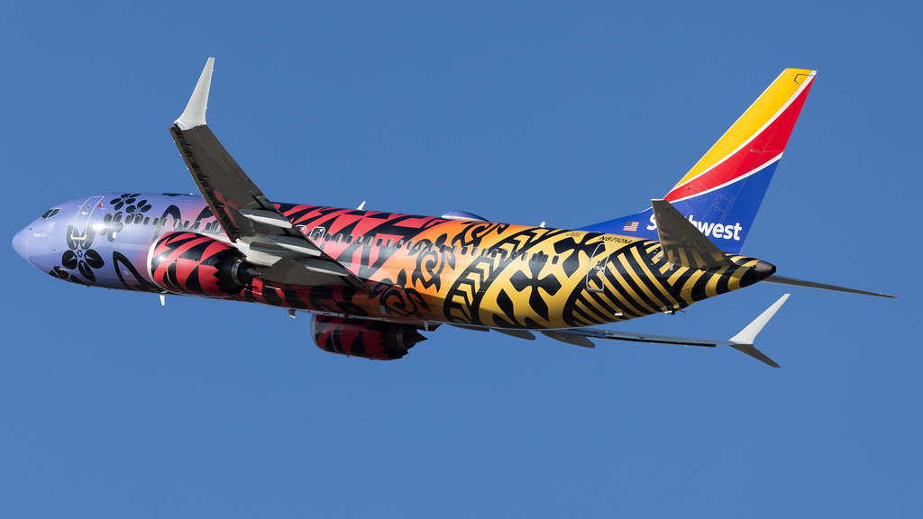 Southwest Boeing 737 Max 8 (N8710M) wearing the 'Imua One' livery, departing from MSP