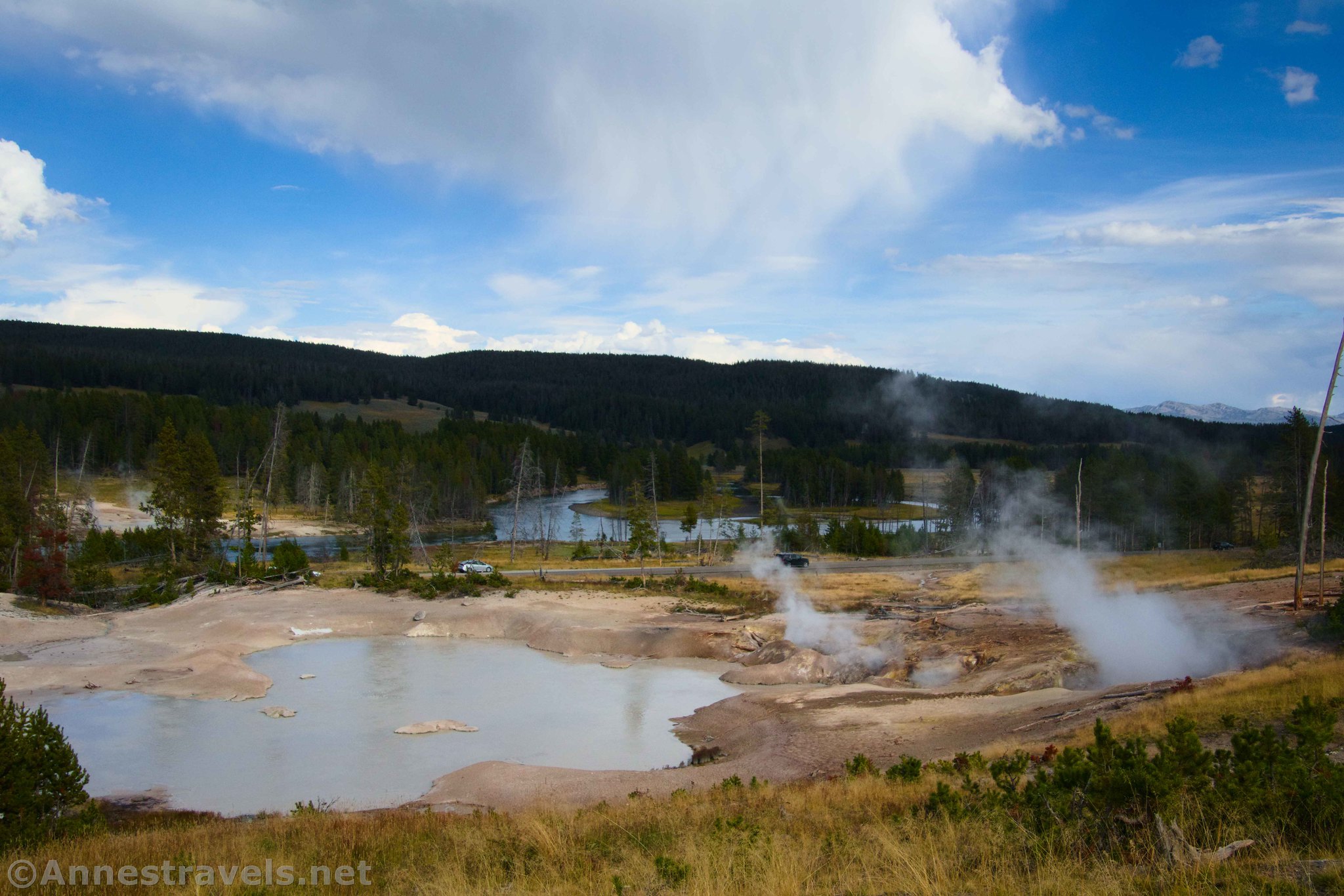 Views down to the Mud Caldron and the Yellowstone River from the Mud Volcano Area, Yellowstone National Park, Wyoming