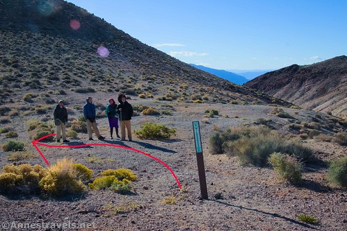 Where I began (along with an arrow showing which way to go) up Coffin Peak, Death Valley National Park, California