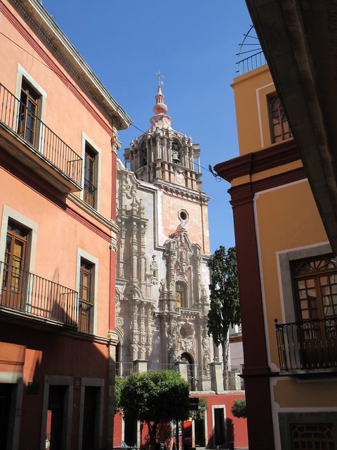 View to Iglesia de la Compañía through Calle Ponciano Aguilar, Guanajuato, Mexico