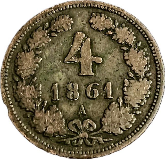 AUSTRIAN EMPIRE - 4 Kreuzers - 0.04 Austro-Hungarian gulden - (Emperor Franz Joseph I) - Imperial eagle - K·K·OESTERREICHISCHE SCHEIDEMÜNZE - oak leaves wreath - 4 - A - 1861