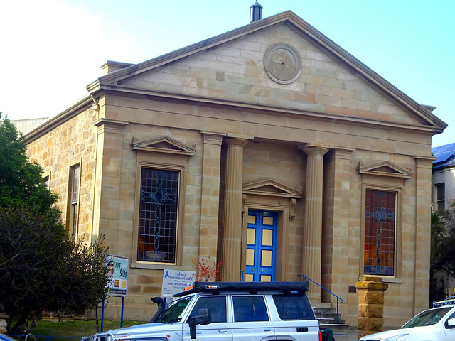 Hobart. Macquarie Street. This Greek Temple like Presbyterian church was built in sandstone in 1843. It is St Johns Presbyterian.  Architect was ex-convict James Thomson.