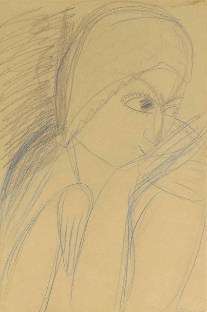 Mademoiselle Pogany.Crayons de cire bleus et crayon sur papier chamois posés à bord 47 x 32 cm 1912