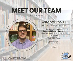 It's FINALLY Friday! And it's time for our next "Meet Our Team" blog post. Learn all about team member Andrew Hedglin, Acquisitions Librarian at CMRLS Administrative Offices, by visiting https://bit.ly/3W6jUgl #cmrls #publiclibraries #cmrlslibrarynews