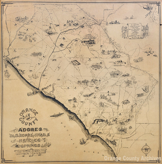 Map (1936): Orange County adobes, old roads, trails, ranchos, springs and other points of historical interest