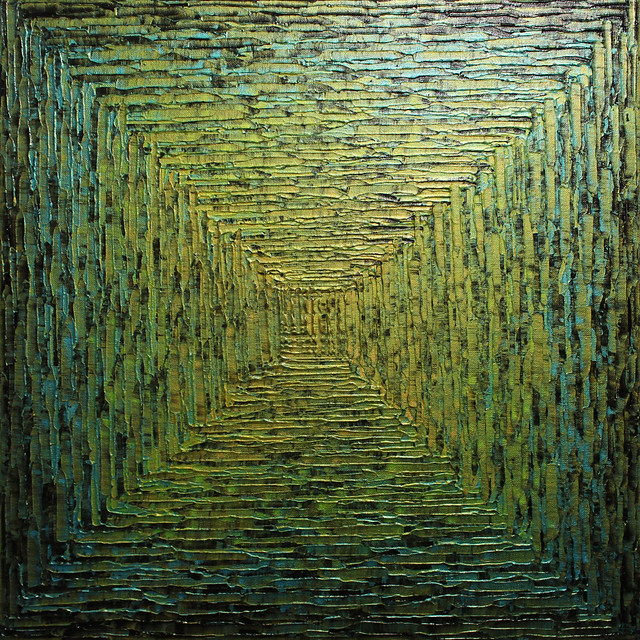 Peinture abstraite : Dégradé carré vert bleu irisé.
