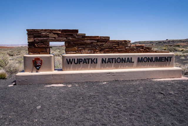 Arizona, USA - May 11, 2021: Welcome sign for the Wupatki National Monument, a site with ancient Indian ruins