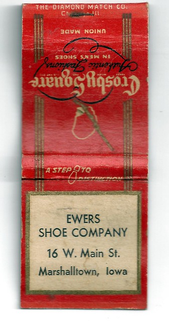 Marshalltown, Iowa, Ewer's Shoe Company, Matchbook, Crosby Square