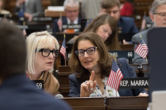 Rep. Tracy Marra talks with Rep. Hall during a session day in the House of Representatives.