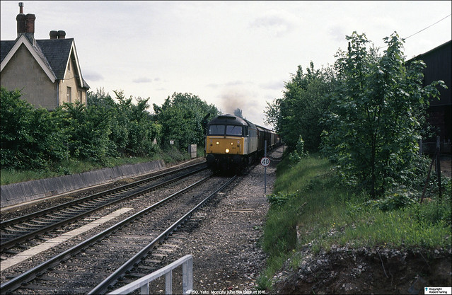 Carrying Railfreight Petroleum emblems, Railfreight Distribution FGAT Pool 47 150 heads north at Yate on an Up freight, June 5th 1989