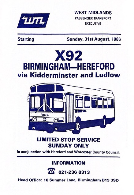 Front cover of WMPTE timetable sheet for the X92 route from Birmingham to Hereford, via Kidderminster and Ludlow. WMPTE started operating the Sunday services on behalf of Hereford & Worcester County Council, around two months prior to deregulation.