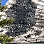 Close-up view of fire damage to Timberline Lodge, Mt. Hood National Forest Damage from the fire on April 18, 2024