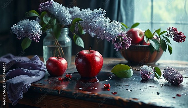 Still life with red apples on an old, wet, rustic table with a kerchief and lilac branches in a glass jar, in rainy weather