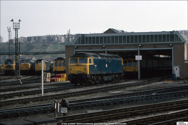 Cardiff Canton's 47 440 stands outside on Bath Road, while B595 sits behind inside, April 22nd 1984