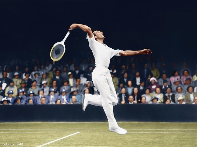 June 29th, 1936 British tennis player, Fred Perry in court number one at Wimbledon.