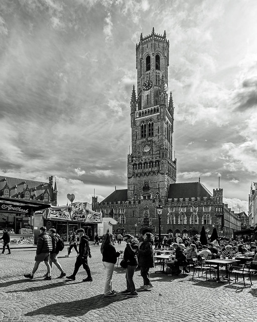 Market Square & The Belfry in Bruges (Monochrome) (OM-1 & Olympus 8-25mm f4 Wide Angle Zoom) (1 of 1)