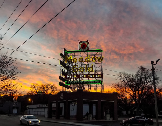 Sunrise Meadow Gold Neon Sign on Route 66 Tulsa, Oklahoma