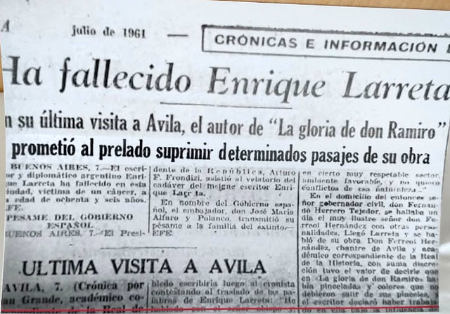 Noticia de la muerte de Larreta. El subtítulo recuerda la promesa que hizo el escritor al obispo de Ávila, Santos Moro Briz, de 