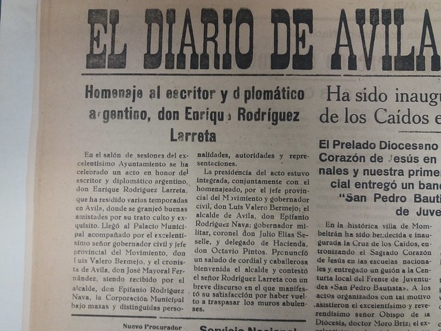Homenaje en Ávila a Larreta. El  Diario de Ávila,  2 de julio de 1948,