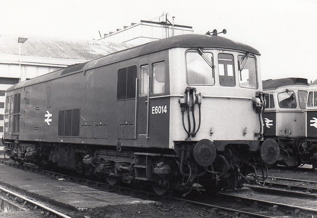 BR Class 73 electro-diesel E6014 at Hither Green with Class 33 6555, March 1971.