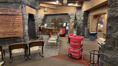 Equipment used to remove moisture and water from Forest Service exhibit area in Timberline Lodge, Mt. Hood National Forest Water used during fire suppression being is being removed from inside the lodge, following the fire on 4/18/24